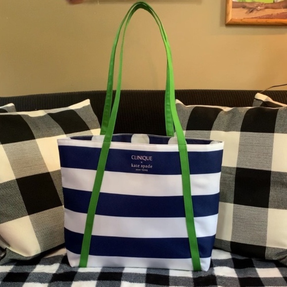 Clinique X Kate Spade Navy Blue and White Striped Tote Bag